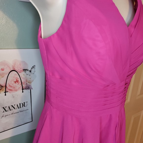 V Neck Midi Dress Chiffon Aline Pleat Lace Up Back In Pink - Picture 5 of 12